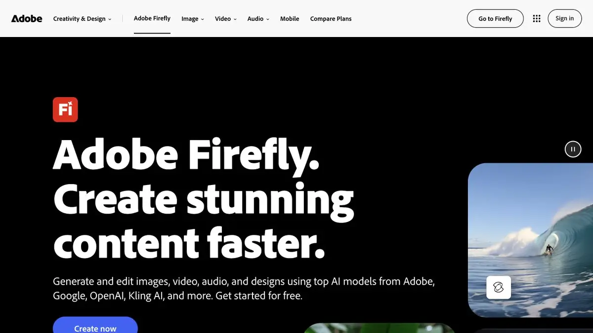 Страница Adobe Firefly с описанием генерации творческого контента
