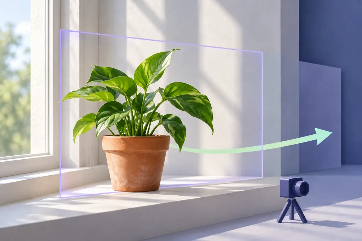 A terracotta pot with a green plant on a light-coloured windowsill: the starting scene for animation in Veo
