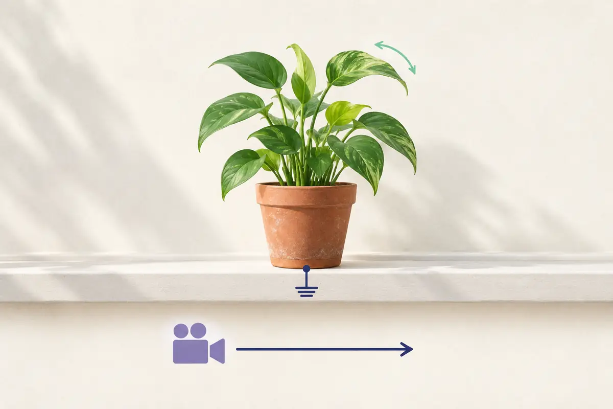 A plant on a windowsill, an arrow showing the camera moving right and a separate arrow showing gentle leaf movement