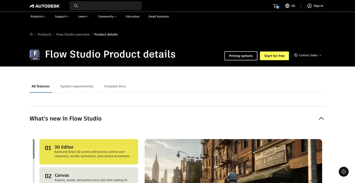 Официальная страница Autodesk Flow Studio с инструментами работы с 3D и видео