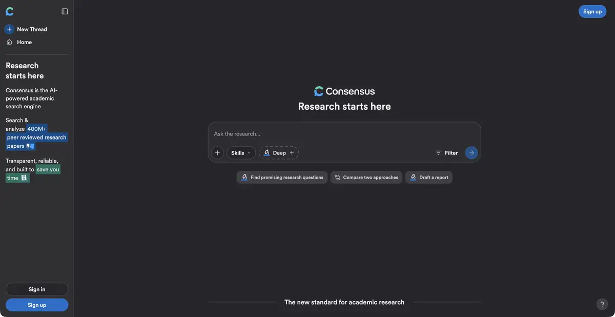 Гостевая страница Consensus с поиском по научным публикациям