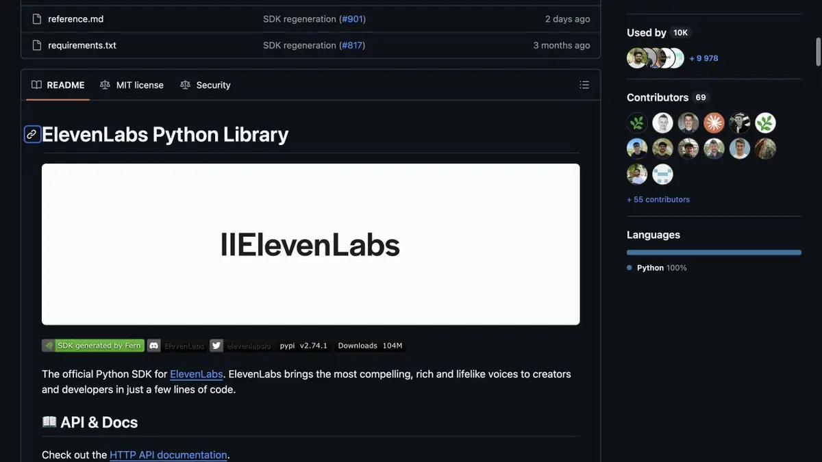 Документация официального SDK ElevenLabs на GitHub