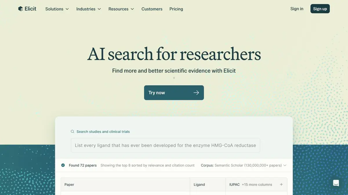 Die Seite von Elicit Paper Search mit einer Suchanfrage und einer Tabelle wissenschaftlicher Veröffentlichungen