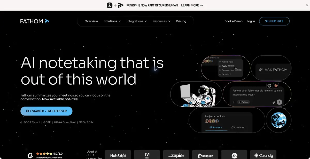 Официальная страница Fathom с AI-конспектами встреч
