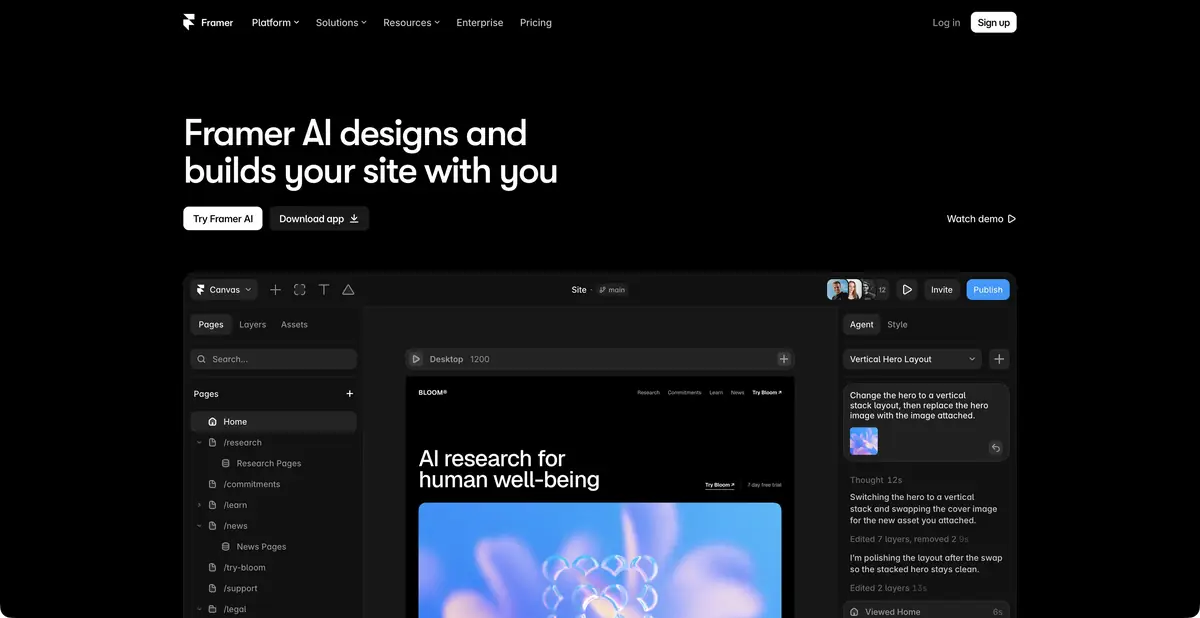 Официальная страница Framer AI с инструментами создания сайтов