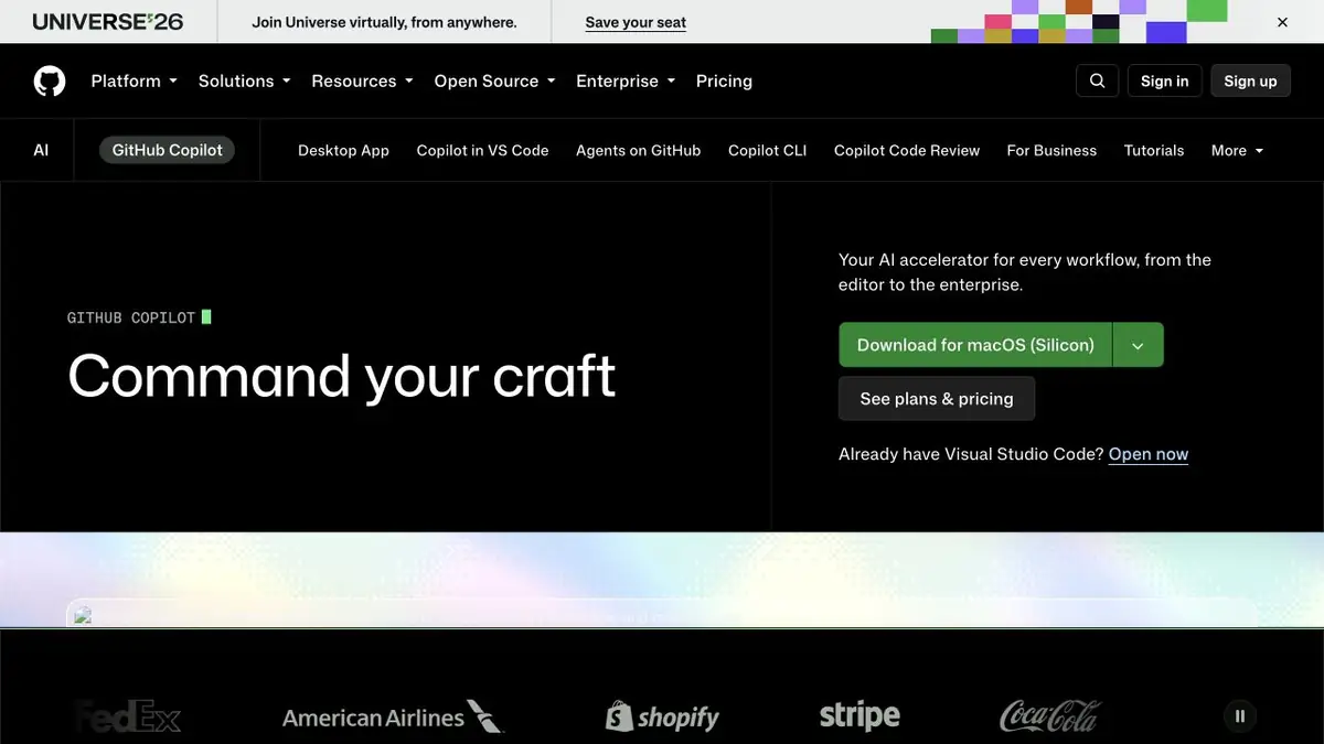 Страница GitHub Copilot с описанием помощи в разработке и примером приложения