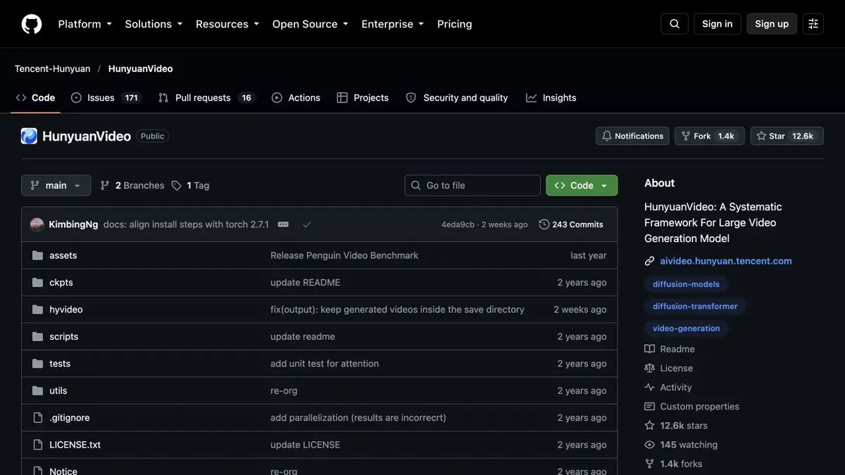 Tencent Hunyuan: официальный репозиторий видеомодели HunyuanVideo