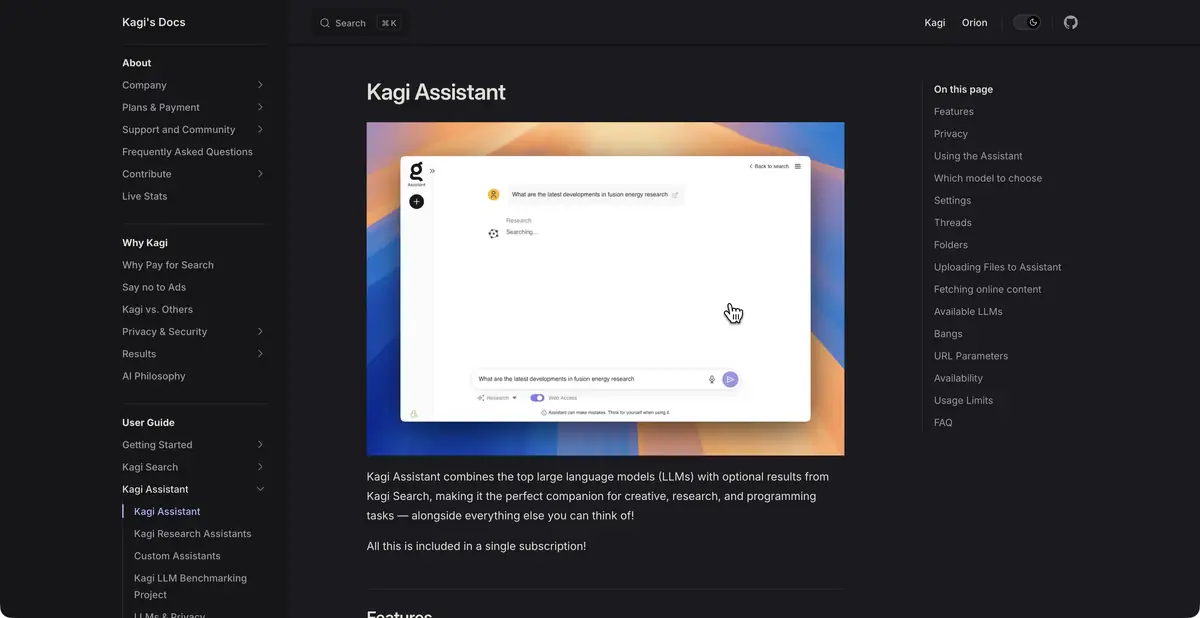Kagi Assistant: справка по ассистенту с поиском и рабочим контекстом