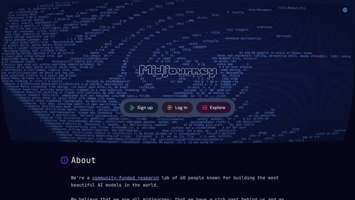 Главная Midjourney с навигацией и описанием исследовательской лаборатории
