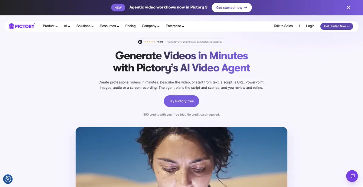 Offizielle Pictory-Seite mit Tools zum Erstellen und Bearbeiten von Videos