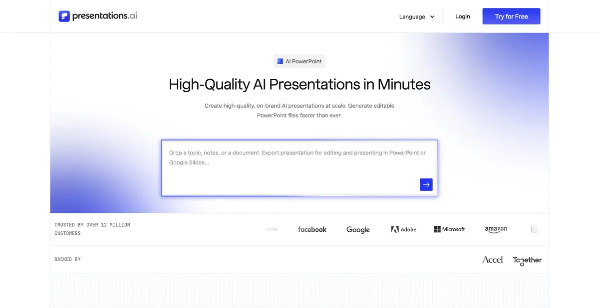 Страница Presentations.AI с полем темы и исходного текста для презентации