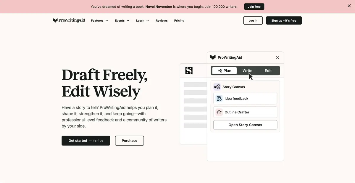 Hikâye planlama ve düzenleme araçları örneğiyle ProWritingAid sayfası