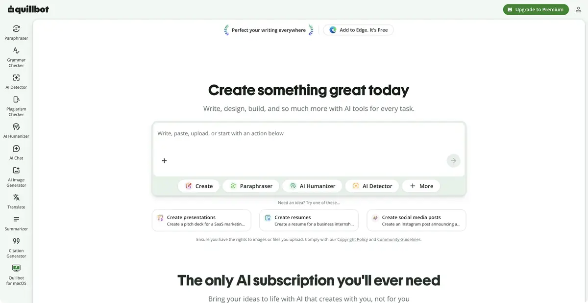 Гостевой интерфейс QuillBot с полем запроса и меню инструментов работы с текстом