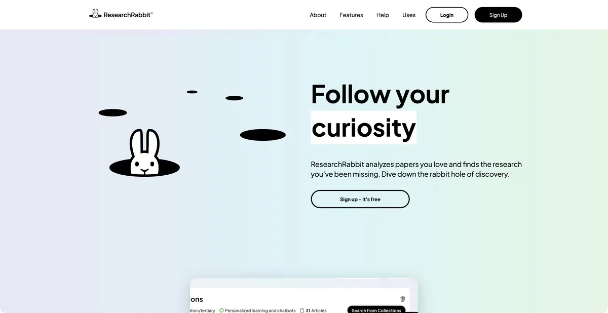 Страница ResearchRabbit с описанием поиска связанных научных работ