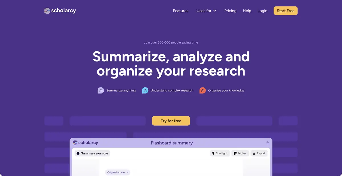 Официальный сайт Scholarcy с карточкой научной статьи