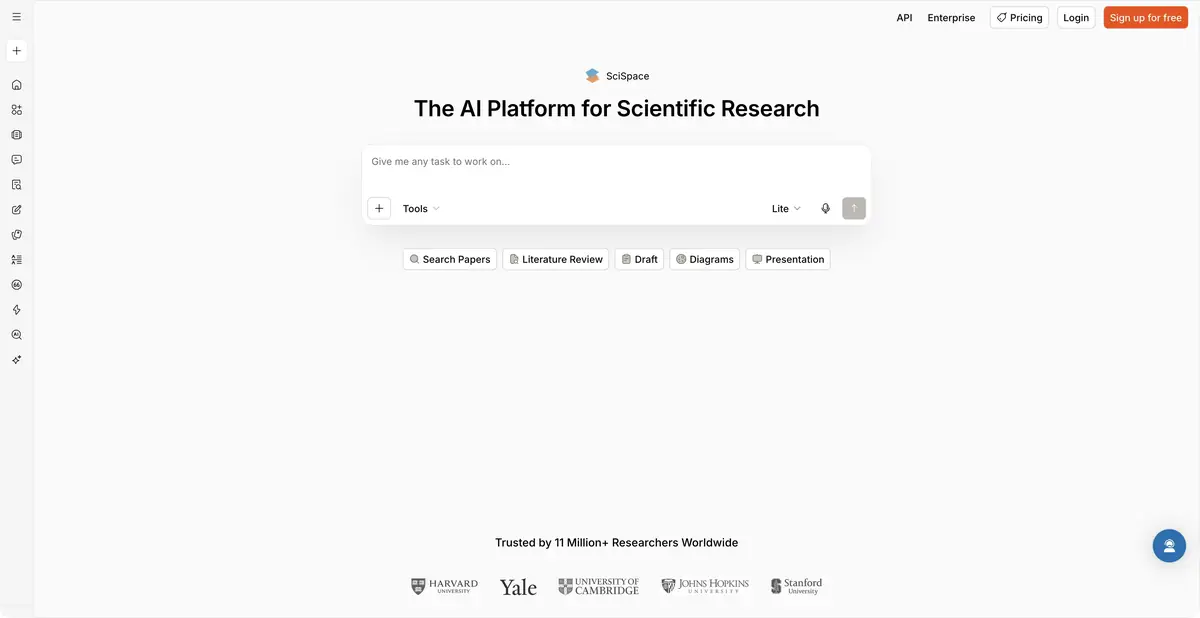 Главный экран SciSpace с инструментами научной работы