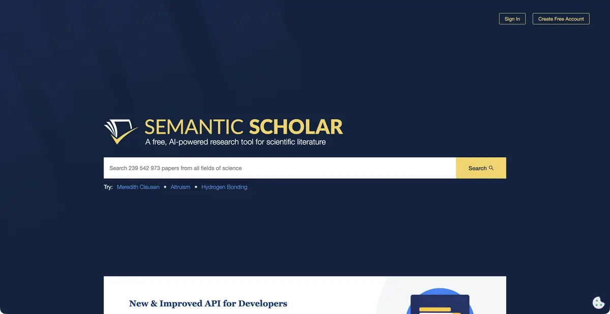 Главная страница Semantic Scholar с поисковой строкой научных публикаций