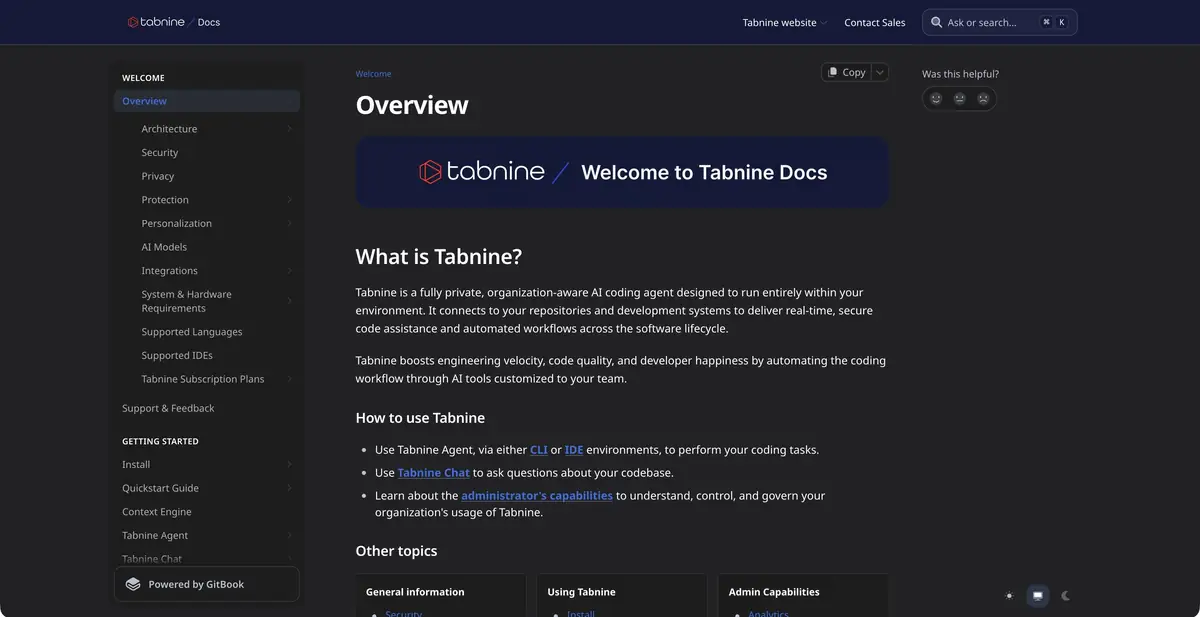 Tabnine: документация ИИ-агента, чата и дополнения кода