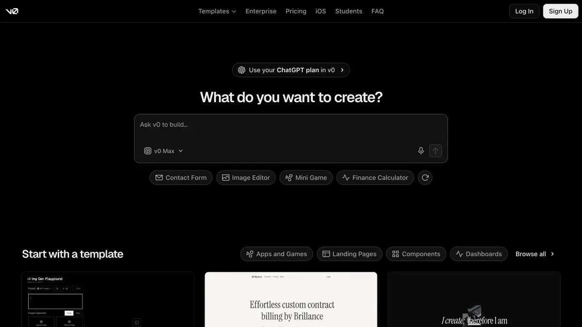 Главная v0 от Vercel с полем Ask v0 to build и шаблонами приложений