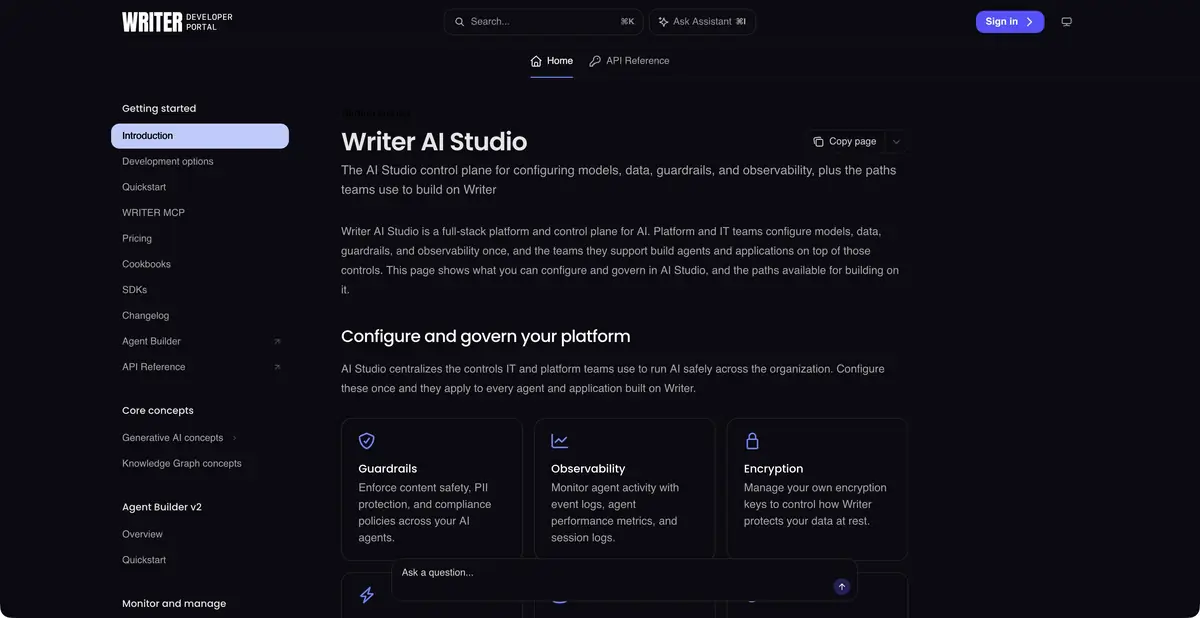 Документация WRITER AI Studio с разделами управления AI-платформой