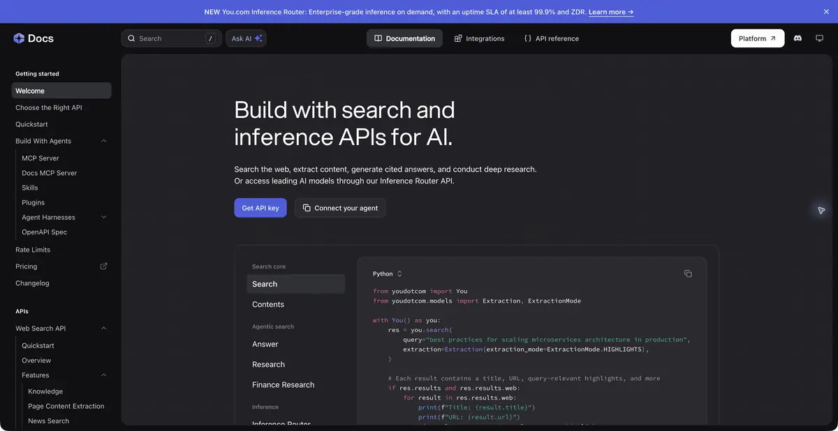 You.com: документация по поиску, извлечению страниц и ответам с источниками